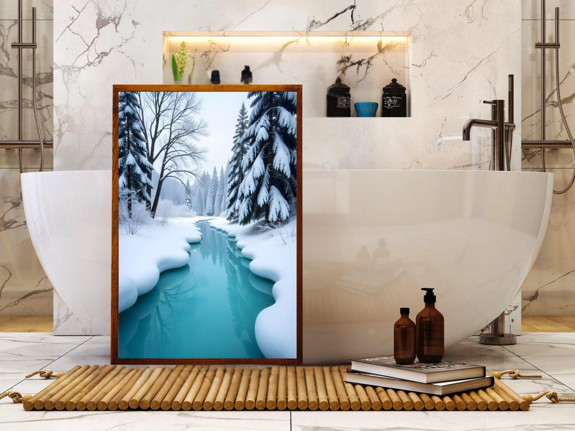 Turquoise River Winding Through Snowy Winter Forest Landscape Poster - Image 4