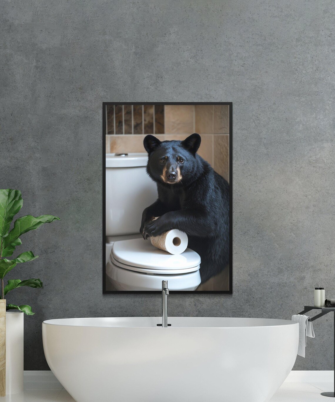 Black Bear Leaning on a Toilet With a Roll of Toilet Paper Poster - Image 2
