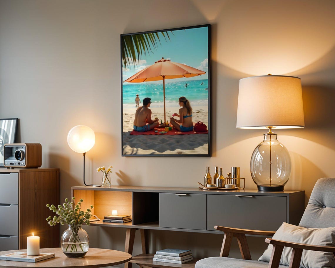 Couple Beach Picnic Under Bright Orange Umbrella Summer Day Poster - Image 5