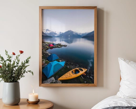 Scenic Mountain Lake With Tents And Kayak Wall Art Nature Photography For Home Decor Tranquil Outdoor Landscape Print Wilderness Poster