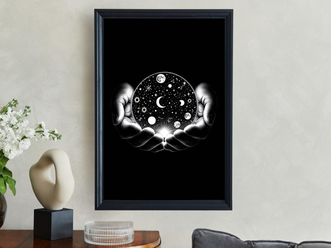 Mystical Hands Holding Universe Wall Art Cosmic Celestial Illustration Moon And Stars Print Unique Spiritual Home Decor