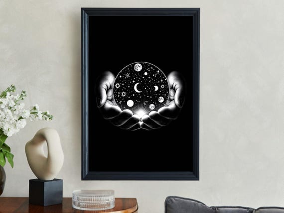 Mystical Hands Holding Universe Wall Art Cosmic Celestial Illustration Moon And Stars Print Unique Spiritual Home Decor