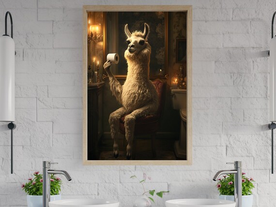 Llama Holding Toilet Paper In Candlelit Bathroom Funny Animal Poster