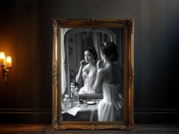 Woman In Corset At Vanity Mirror With Perfume Bottles Poster
