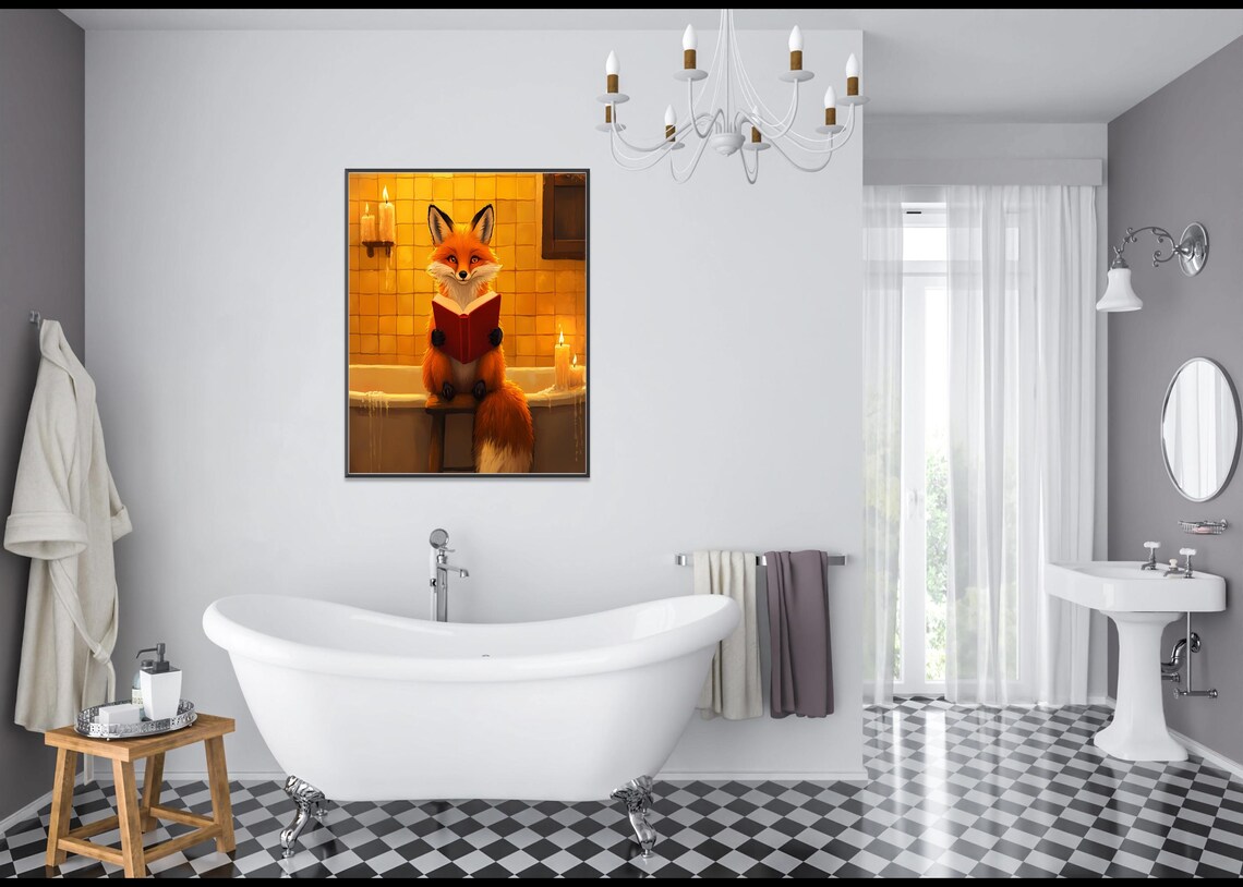 Red Fox Reading Red Book In Candlelit Bathtub Animal Art Poster - Image 3