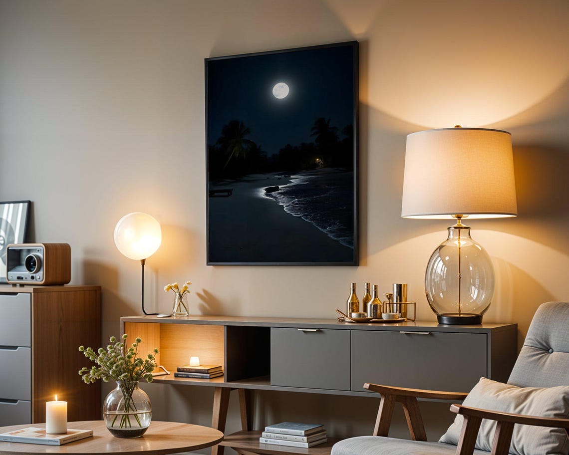 Full Moon over Peaceful Night Beach Silhouette Moonlit Ocean Poster - Image 5