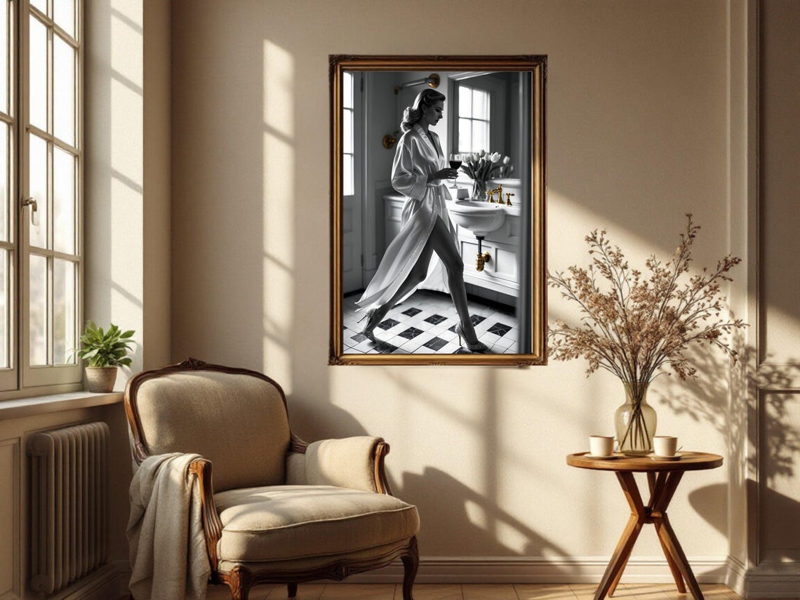 Woman in Silk Robe with Wine Glass in Vintage Bathroom Poster - Image 2