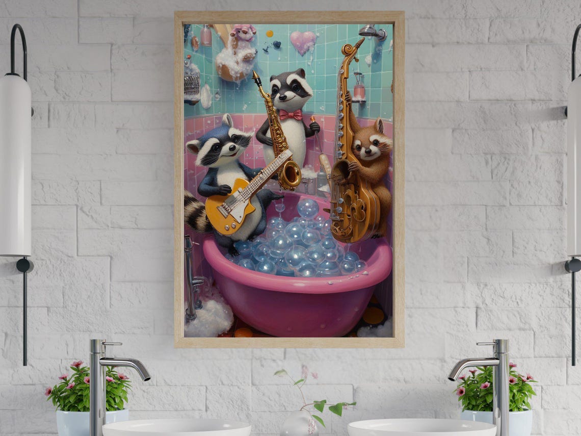 Raccoon Jazz Band Playing in a Bubble Bath Pink Tub Party Print