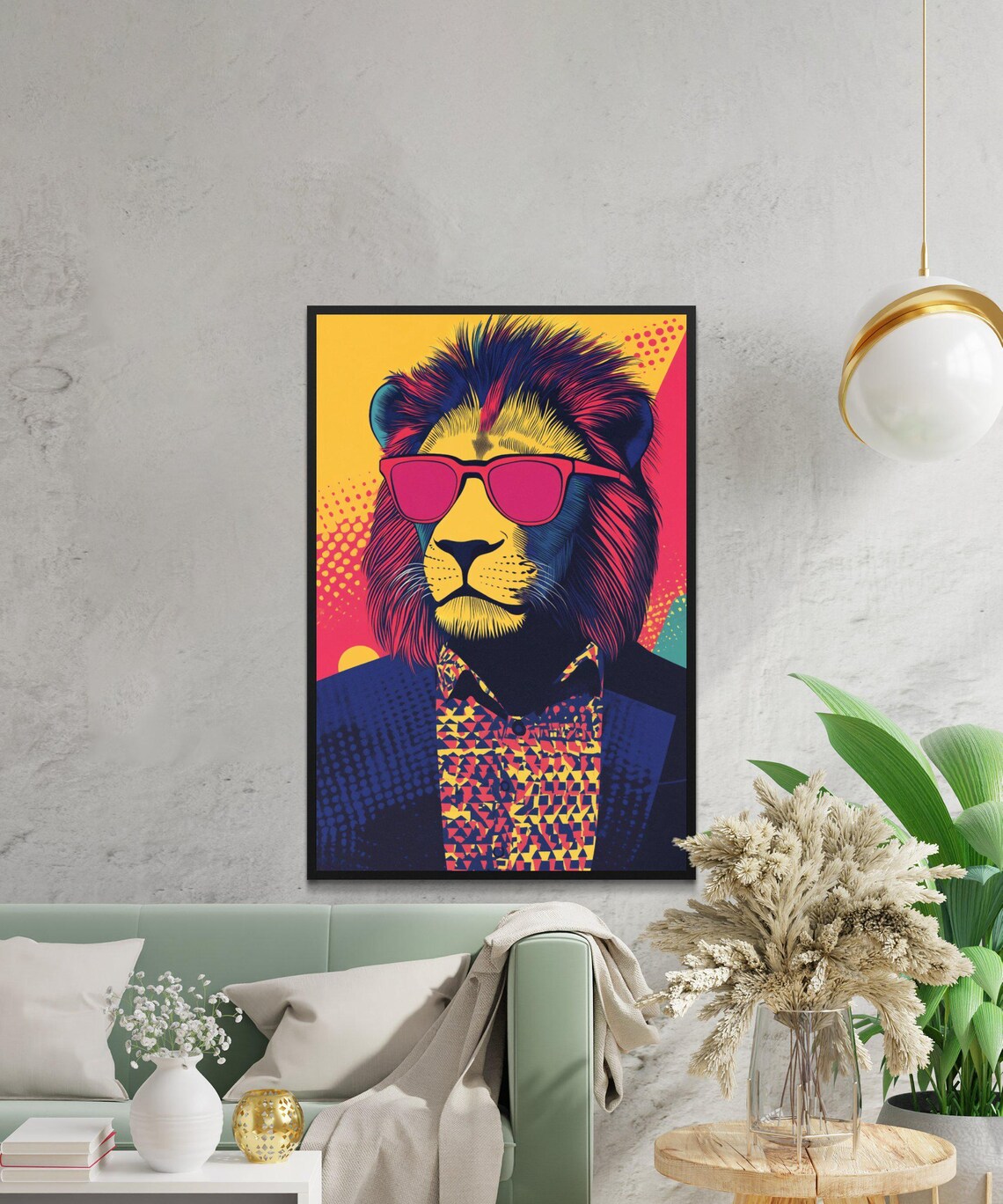 Bold Pop Art Lion In Pink Sunglasses And Suit On Halftone Poster - Image 2
