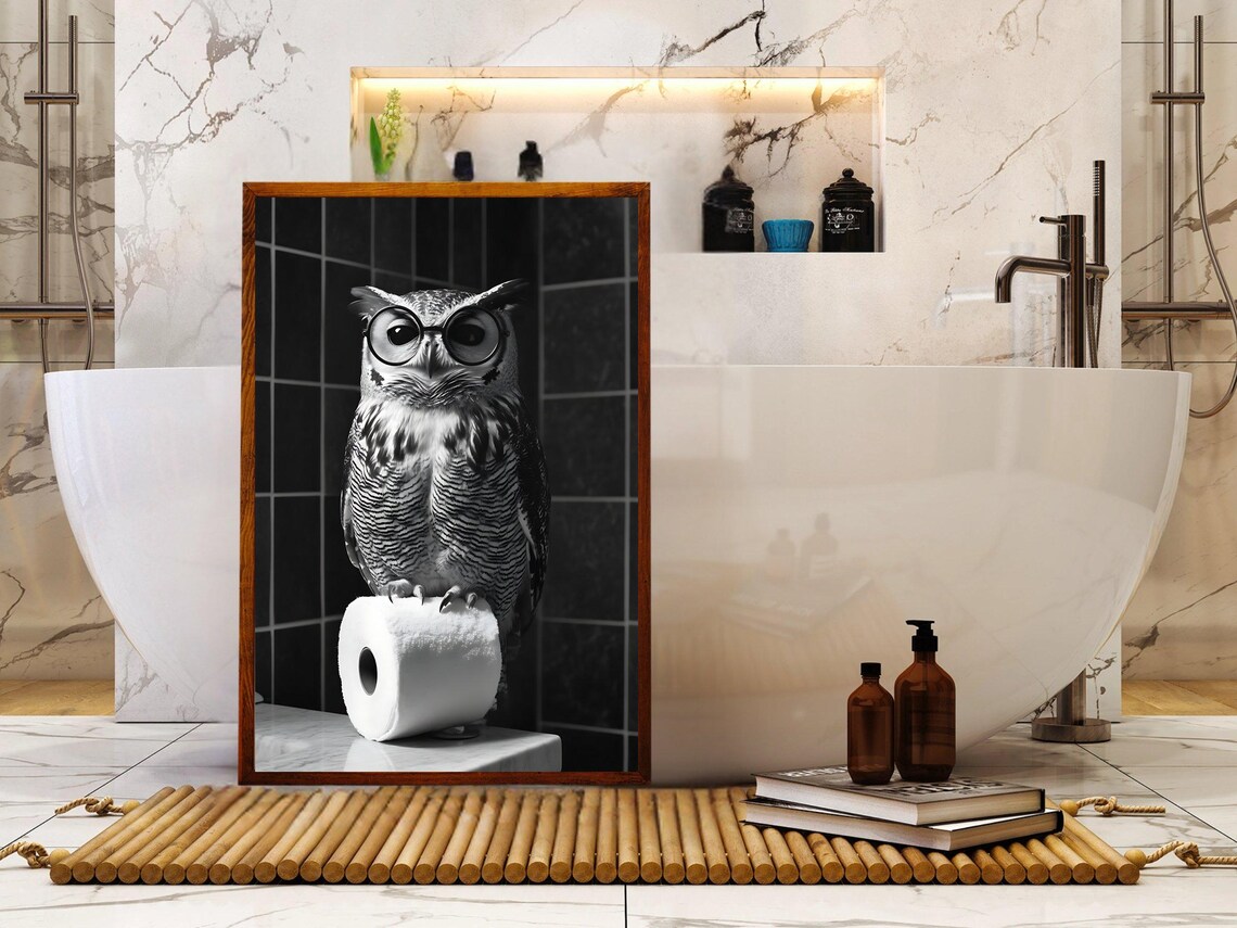 Wise Owl with Round Glasses Perched on Toilet Paper Roll Poster - Image 5