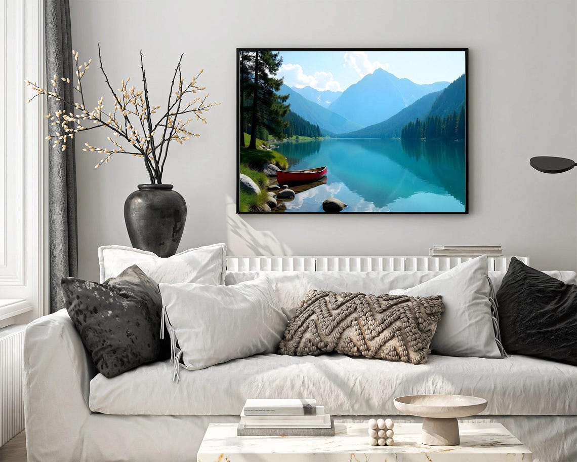 Tranquil Lake Scenic Wall Art Red Canoe Mountain Landscape Nature Photography Print Serene Outdoor Decor Adventurous Boat Artwork - Image 4