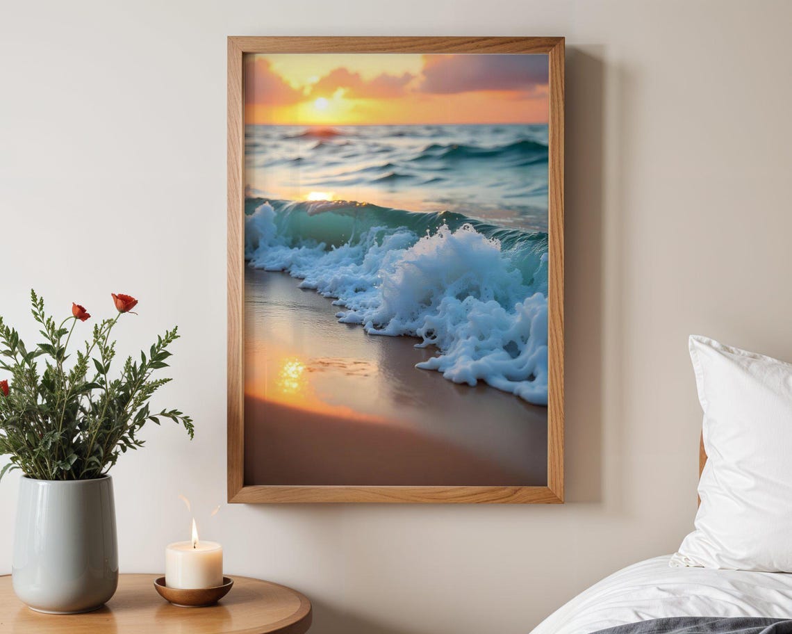 Ocean Wave White Foam Breaking at Golden Sunset Beach Poster