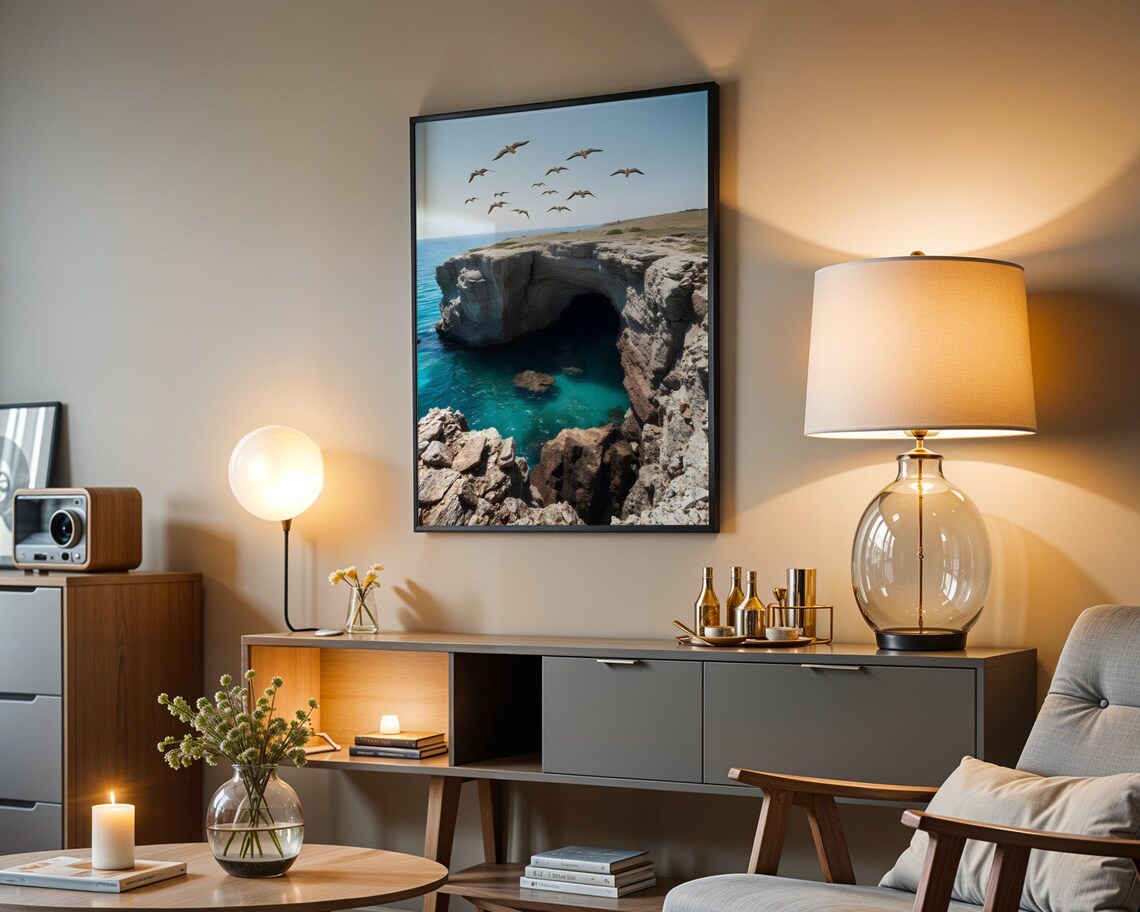 Sea Cave Natural Rock Arch Over Turquoise Water With Seagulls Poster - Image 5