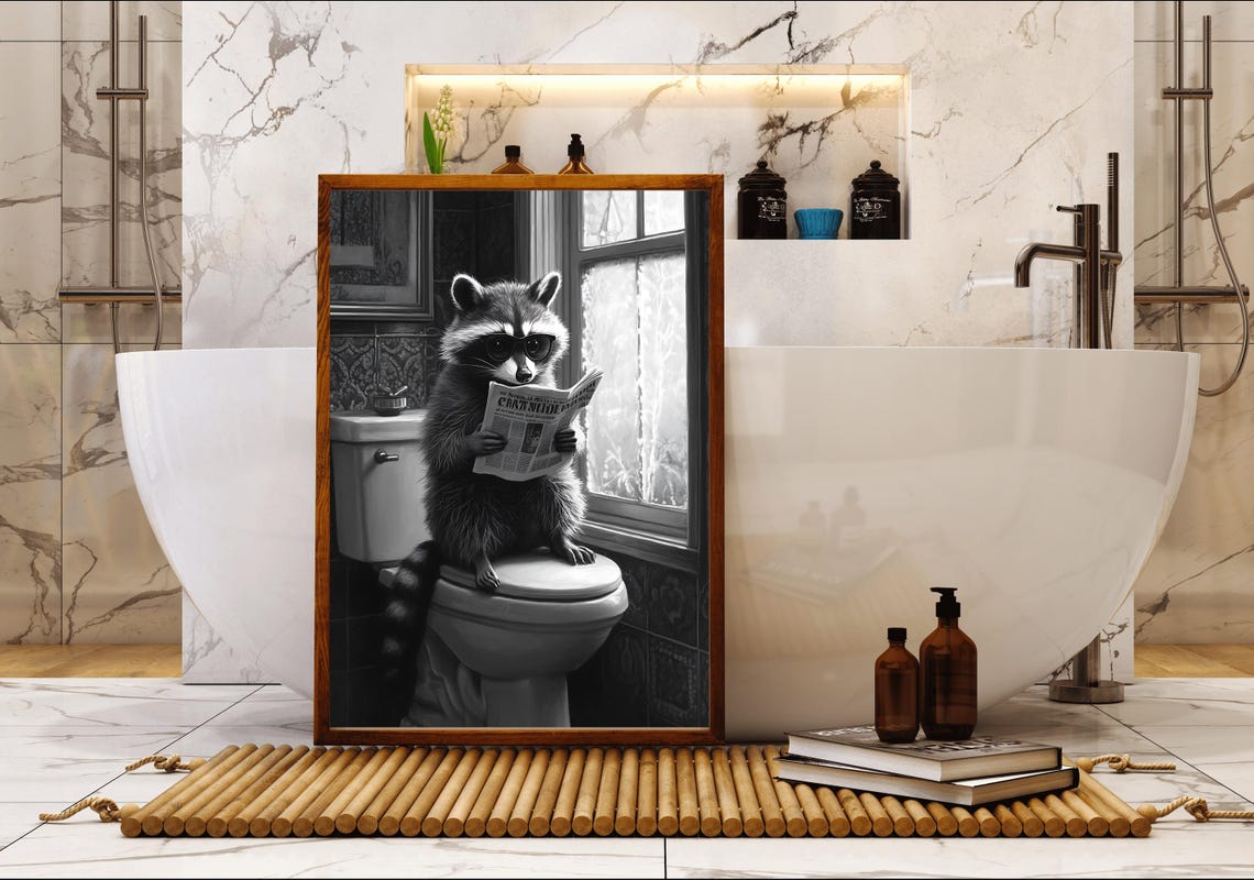 Raccoon Sitting On Toilet Reading Newspaper Black And White Poster - Image 5