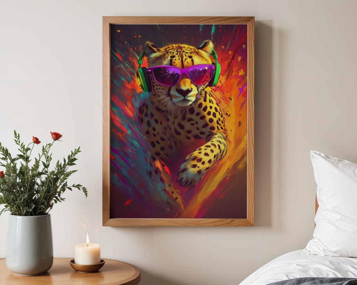 Cool Cheetah in Neon Sunglasses and Headphones Sprinting Poster