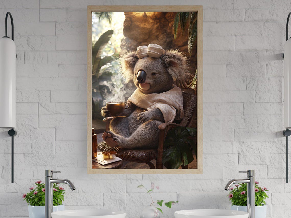 Koala Lounging With a Hot Coffee in a Tropical Garden Poster