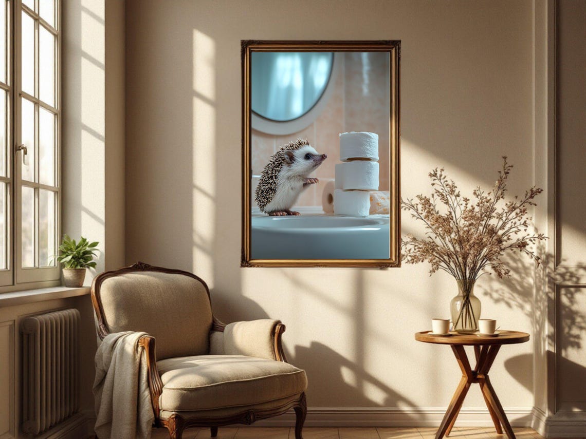 Curious Hedgehog on a Bathroom Sink Beside Toilet Paper Rolls Poster - Image 4