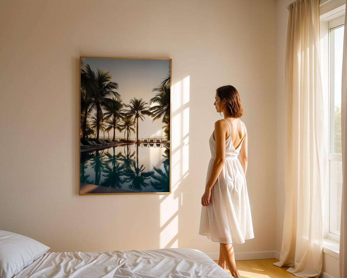 Tall Palm Trees Mirrored in Still Pool at Sunrise Resort Poster - Image 4