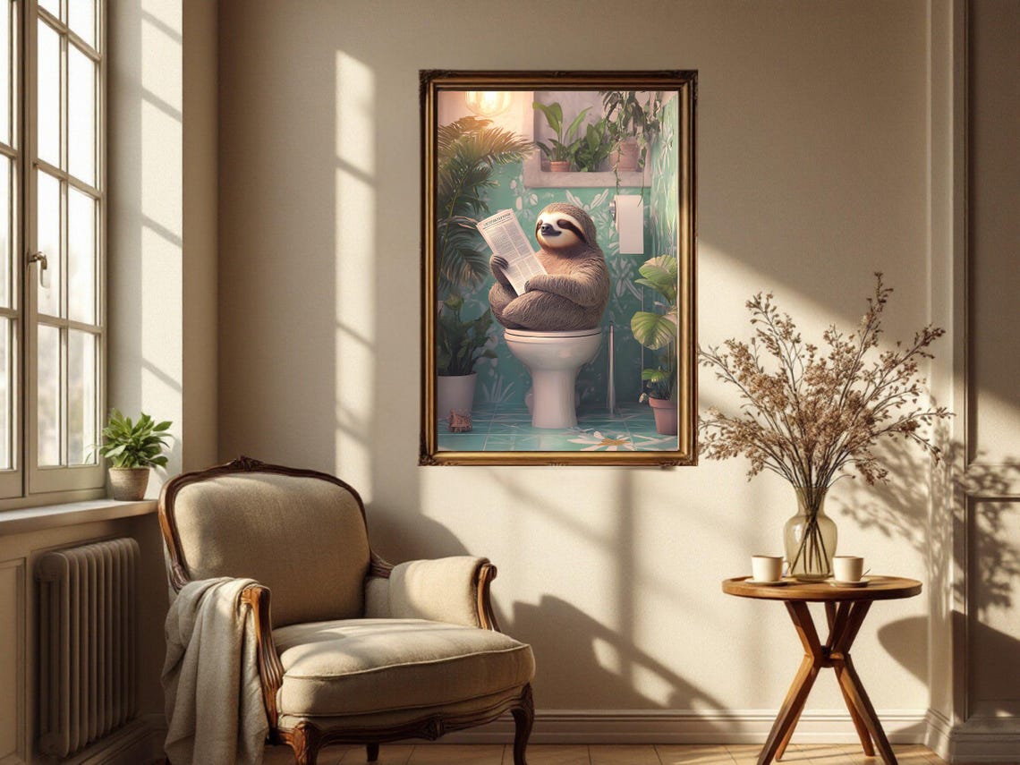 Relaxed Sloth Reading Newspaper on Toilet in Tropical Bathroom Poster - Image 4