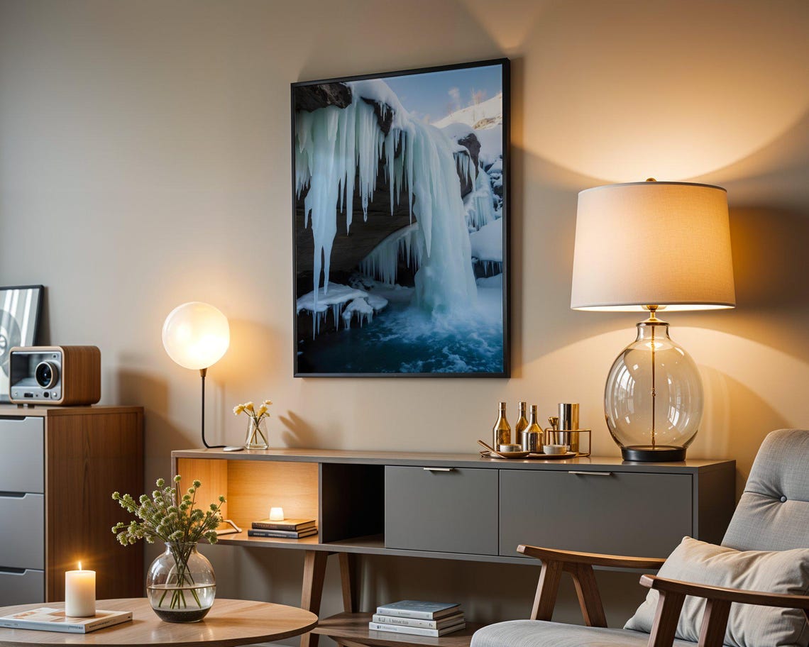 Frozen Waterfall With Long Icicles Above An Icy Pool In Winter Poster - Image 5