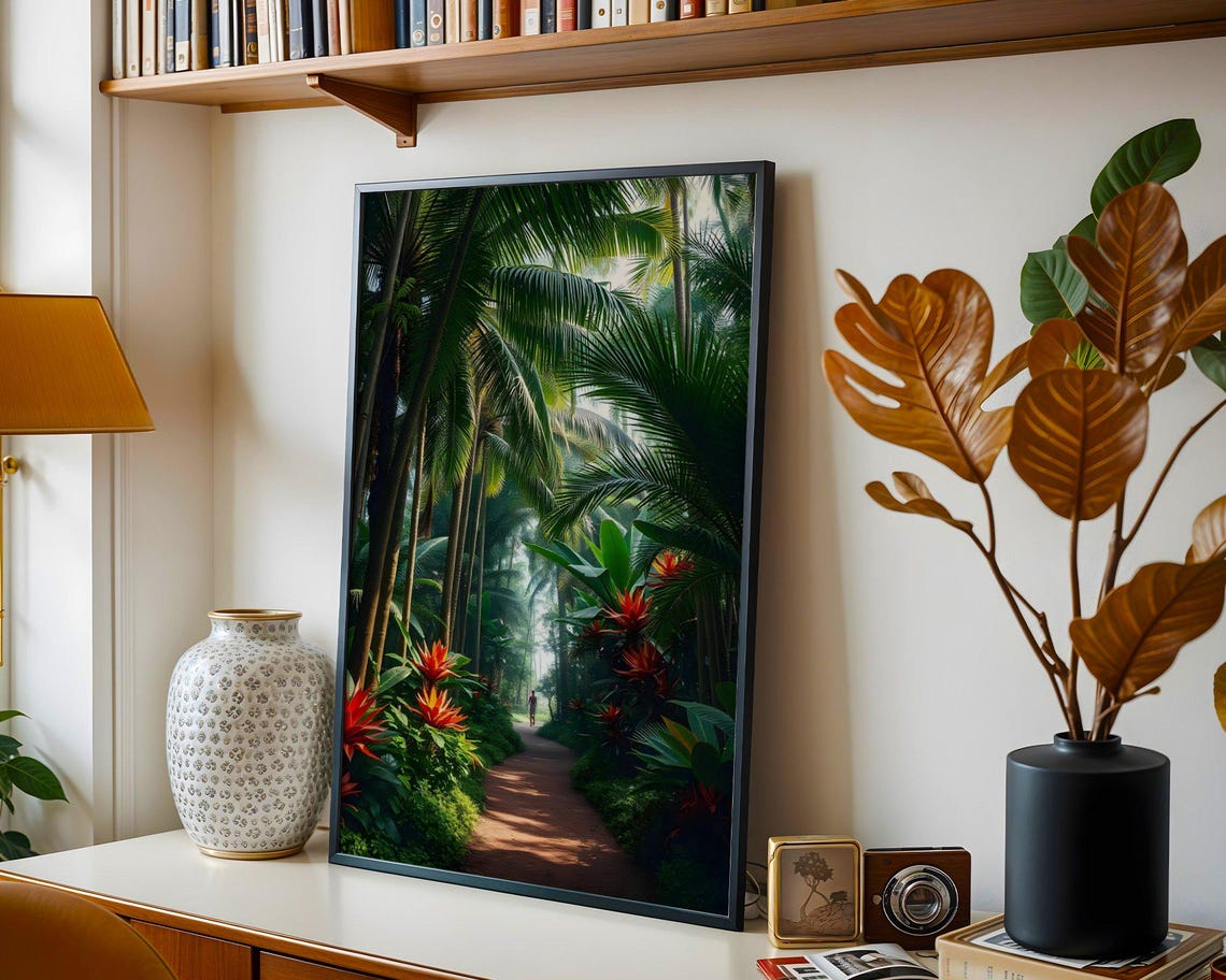 Lush Tropical Jungle Path Lined With Red Flowers and Palms Poster - Image 3