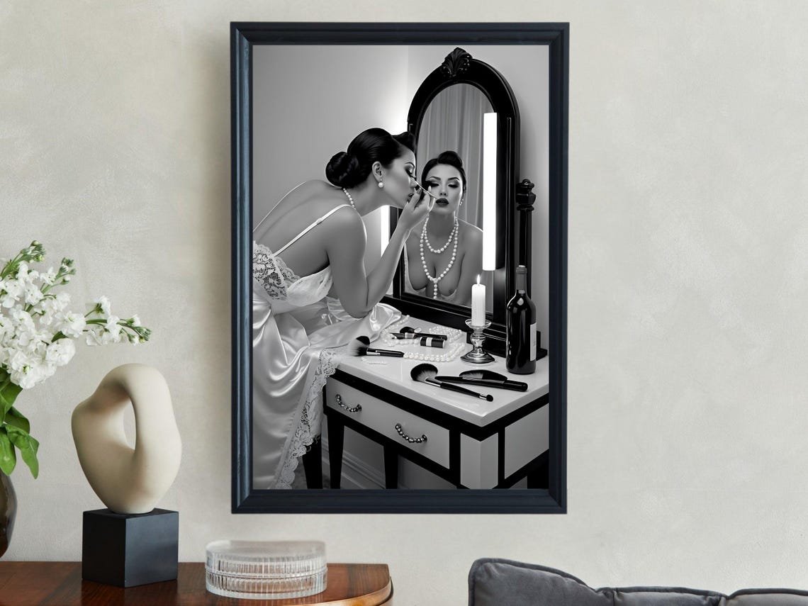 Woman Applying Makeup at a Vanity Mirror in Black and White Poster - Image 4