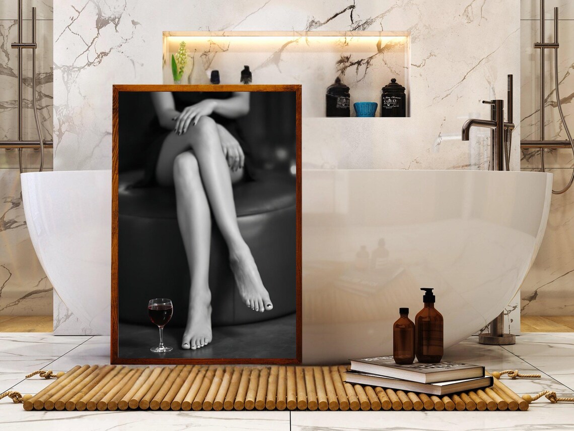 Barefoot Woman's Crossed Legs with Glass of Red Wine, B&W Poster - Image 4