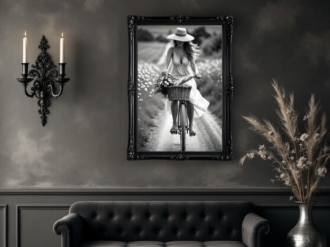 Woman in Sunhat Cycling Country Road with Flower Basket Poster - Image 4
