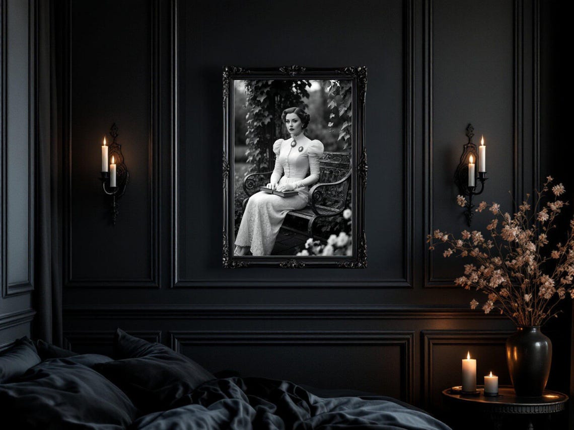 Victorian Lady In White Lace Dress Reading In A Garden Poster - Image 3