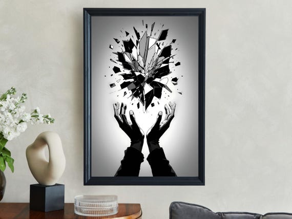 Abstract Geometric Wall Art Modern Black And White Print Minimalist Broken Glass Design Monochrome Artwork Home Decor