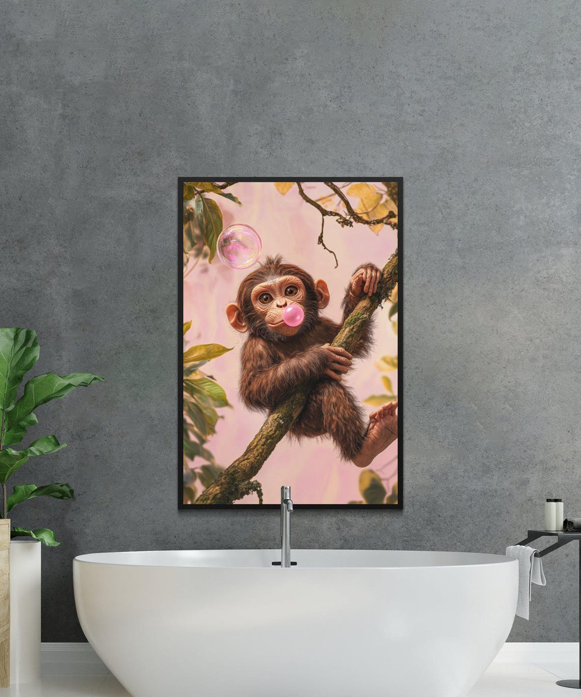 Baby Monkey Climbing Tree Blowing Pink Bubble Cute Art Poster - Image 4