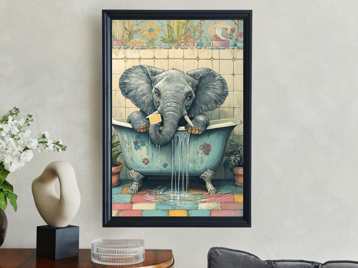 Quirky Elephant Relaxing in a Vintage Floral Clawfoot Bathtub Poster - Image 2