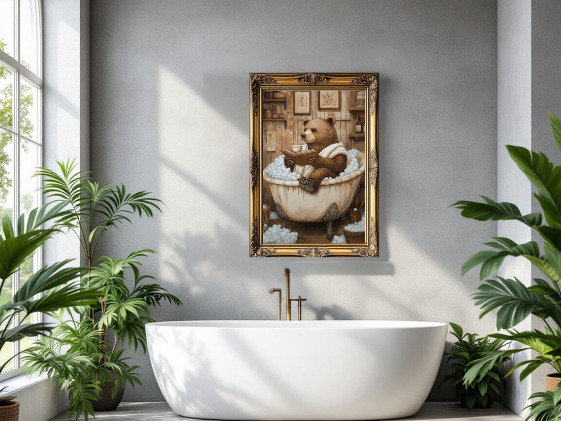 Brown Bear Reading a Book in a Clawfoot Bubble Bath With Tea Poster - Image 3