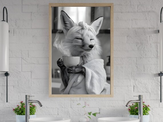 Relaxed Fox Wrapped in a Towel Savoring a Steaming Cup Poster