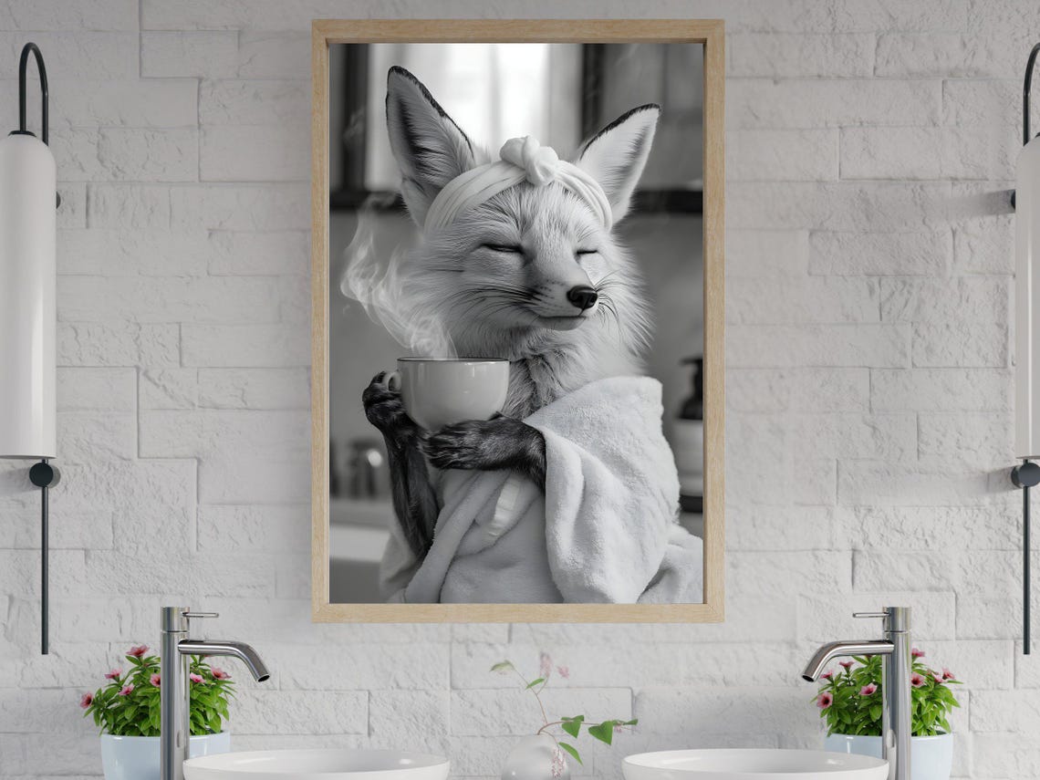 Relaxed Fox Wrapped in a Towel Savoring a Steaming Cup Poster