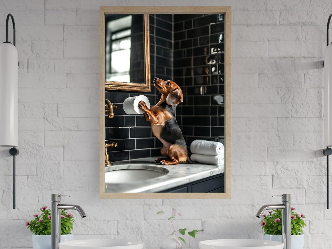 Dachshund Puppy Playing with Toilet Paper Roll on Sink Poster