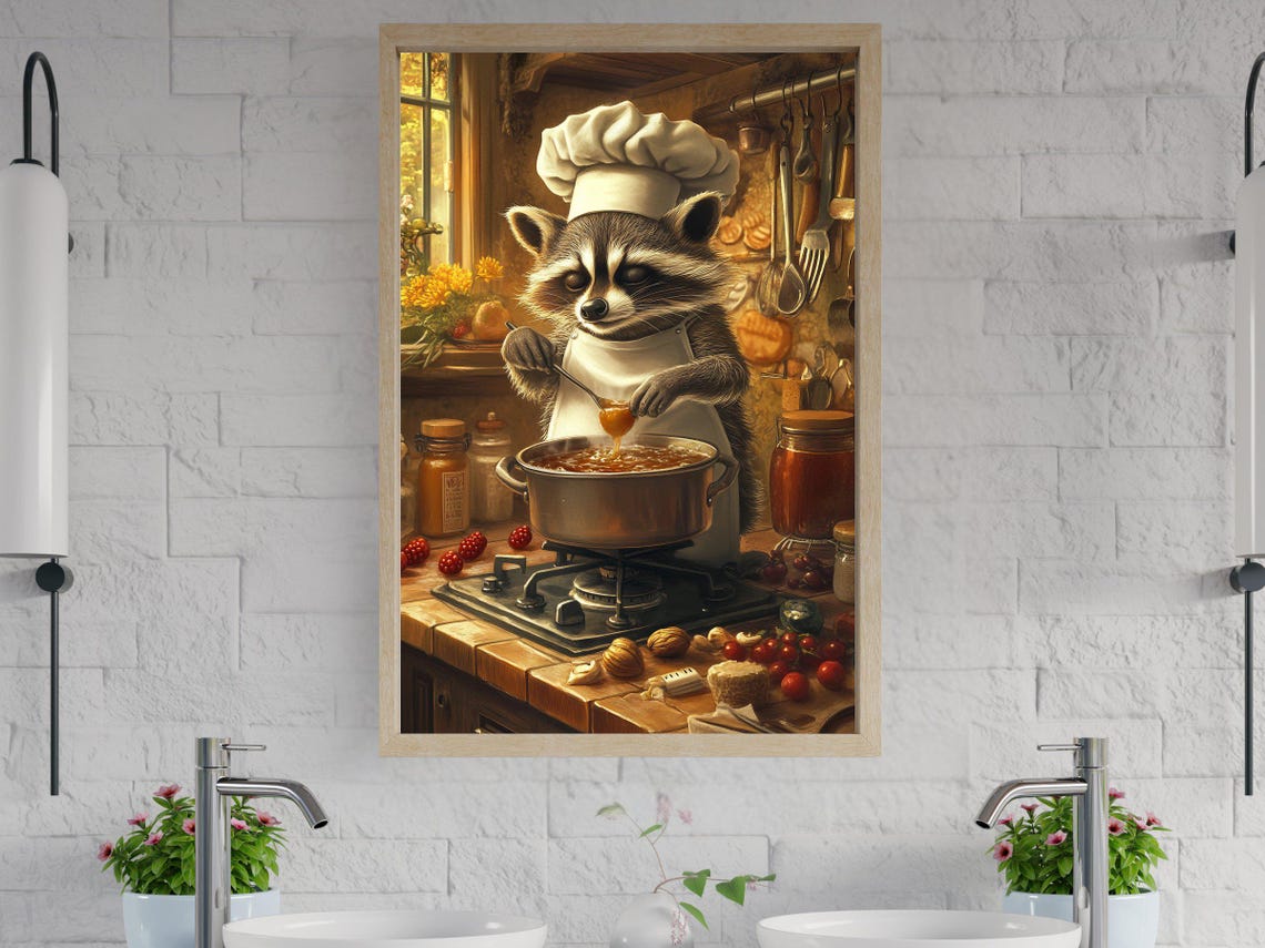 Raccoon Chef Stirring Soup in a Rustic Farmhouse Kitchen Poster