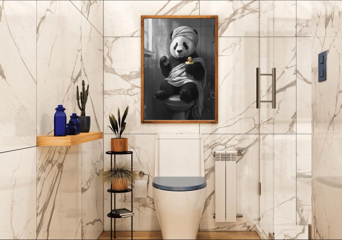 Panda in a Towel Turban Sitting on the Toilet with Rubber Duck Poster - Image 4
