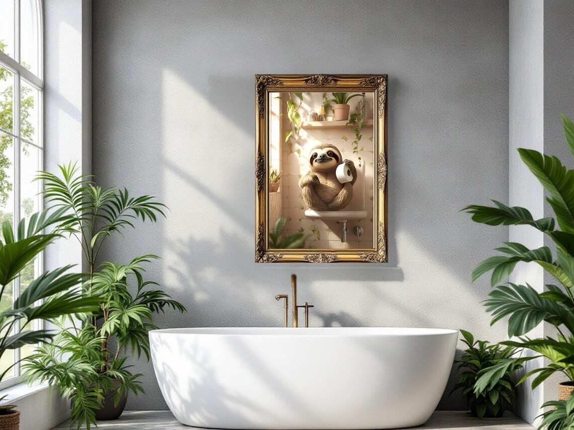 Smiling Sloth Sitting on the Toilet Tank Holding Toilet Paper Poster - Image 3