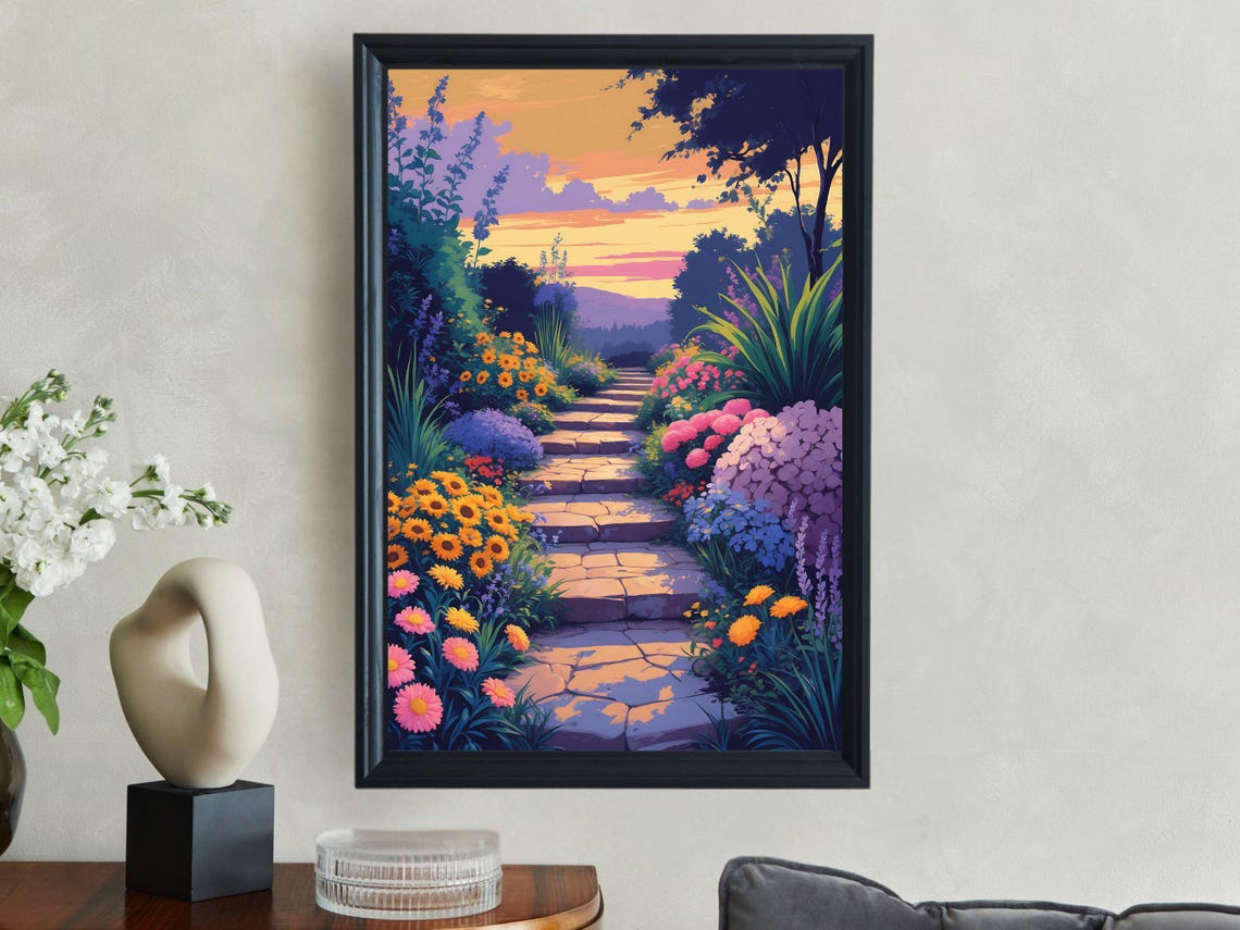 Sunset Garden Stone Path Lined With Vibrant Wildflowers Poster