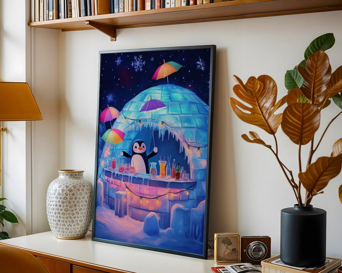 Penguin Bartender in a Glowing Blue Igloo Bar at Night Poster - Image 4
