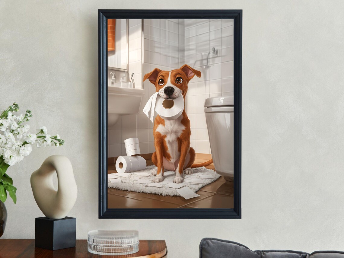 Adorable Dog With Toilet Paper In Mouth Funny Bathroom Animal Poster - Image 2