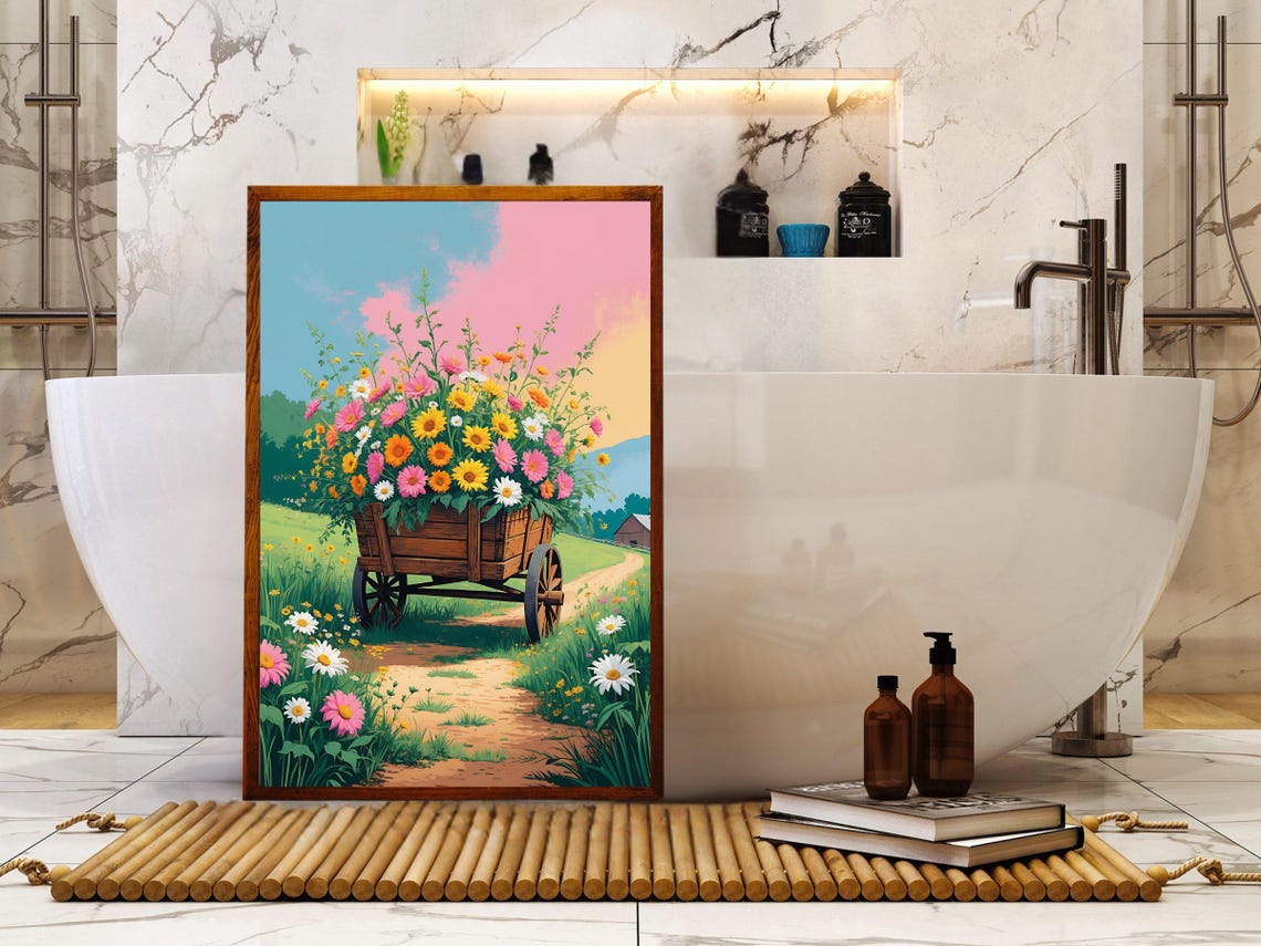 Wooden Flower Wagon Full Of Daisies On A Country Path At Sunset Poster - Image 5