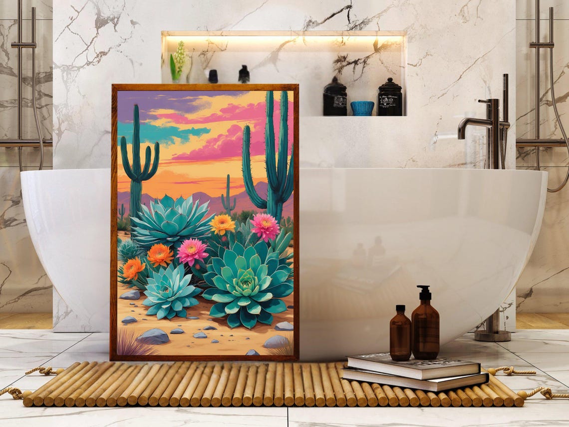 Desert Cacti And Blooming Succulents At Colorful Sunset Poster - Image 5