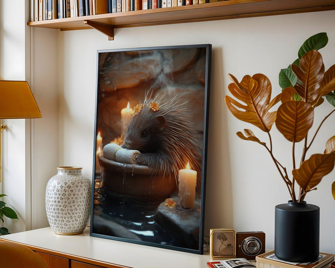 Porcupine Resting on a Stone Bath Edge with Flower Crown Poster - Image 4