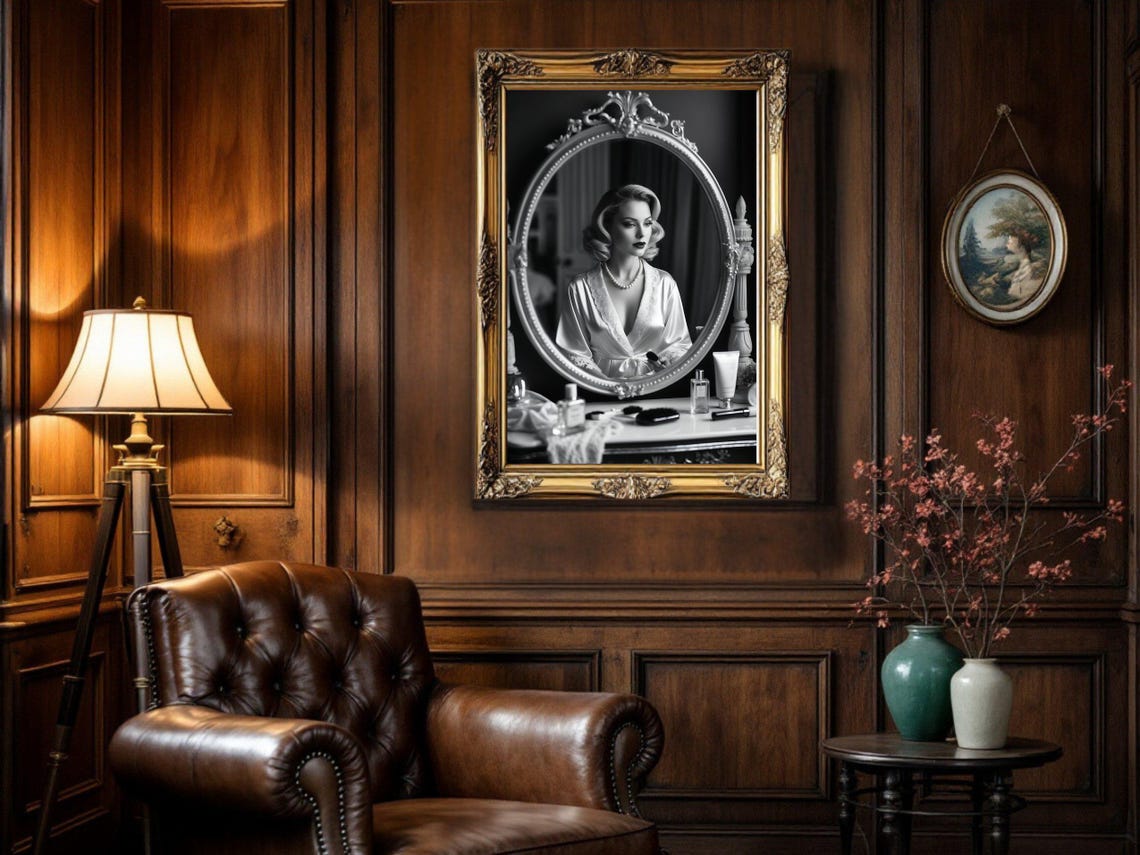 Woman in Silk Robe Reflected in Ornate Oval Vanity Mirror Poster - Image 5