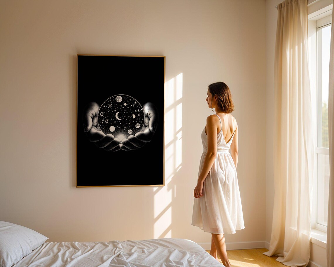 Hands Cupping a Glowing Cosmic Orb of Moons and Stars Monochrome Poster - Image 5