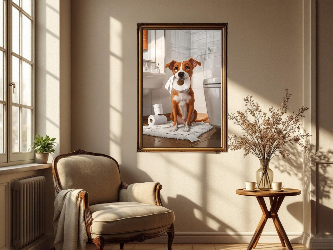 Adorable Dog With Toilet Paper In Mouth Funny Bathroom Animal Poster - Image 4