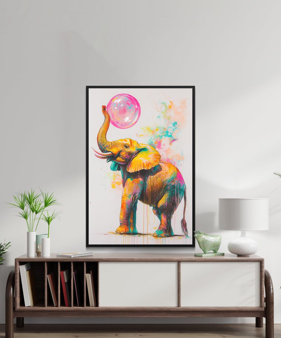 Playful Colorful Elephant Balancing Pink Bubble Modern Art Poster - Image 5