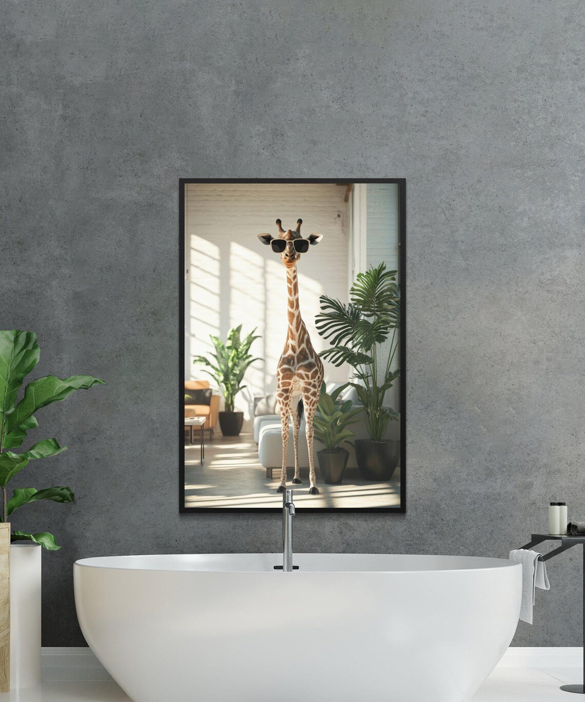 Giraffe Wearing Sunglasses Standing In A Bright Modern Living Room Poster - Image 3